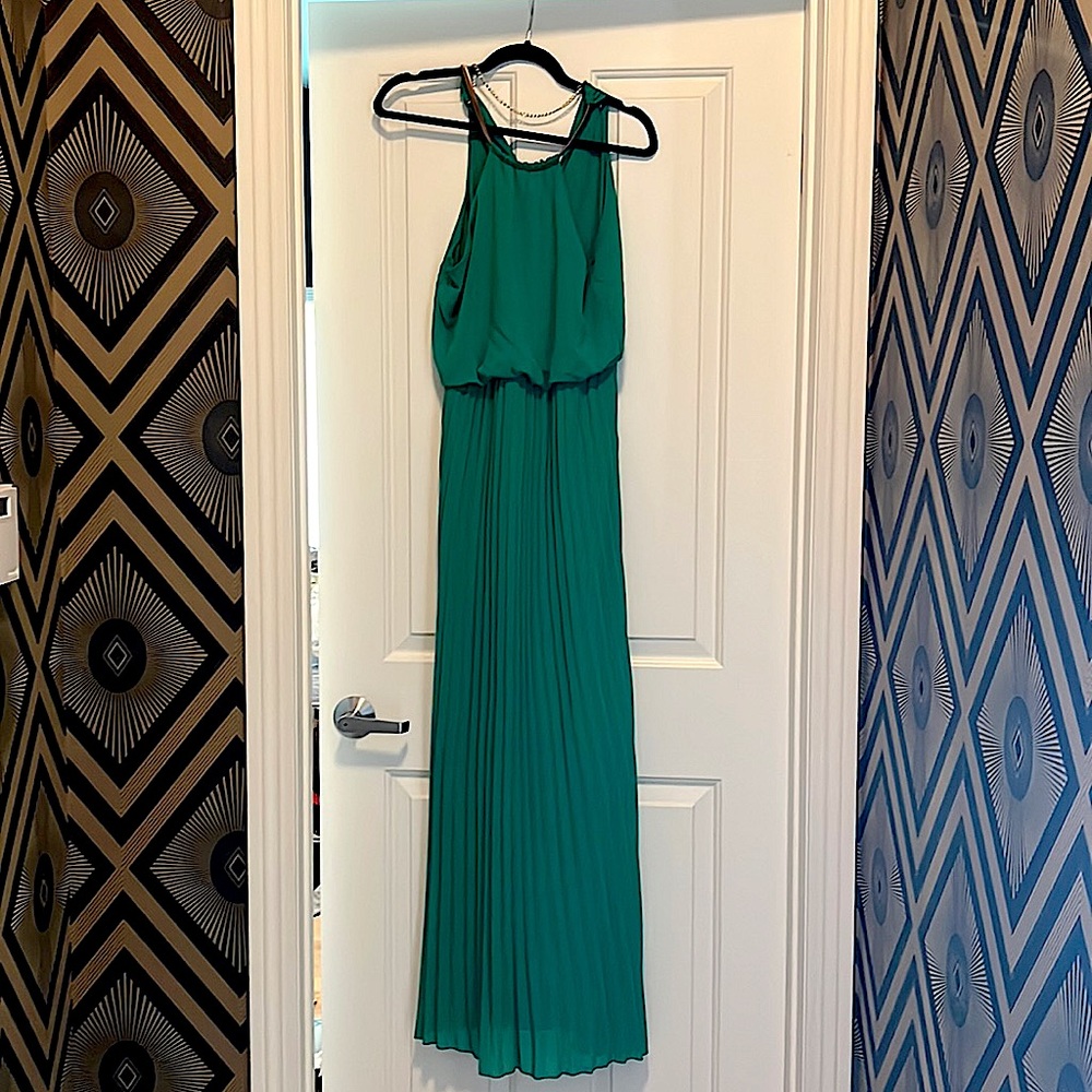 Green halter maxi dress from Lulus with gold detail at neckline